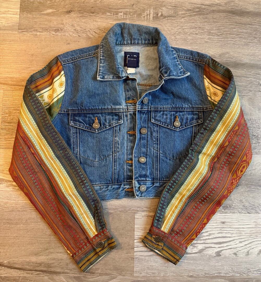 Vintage GAP Denim Jacket with Southwestern Tapestry Sleeves S